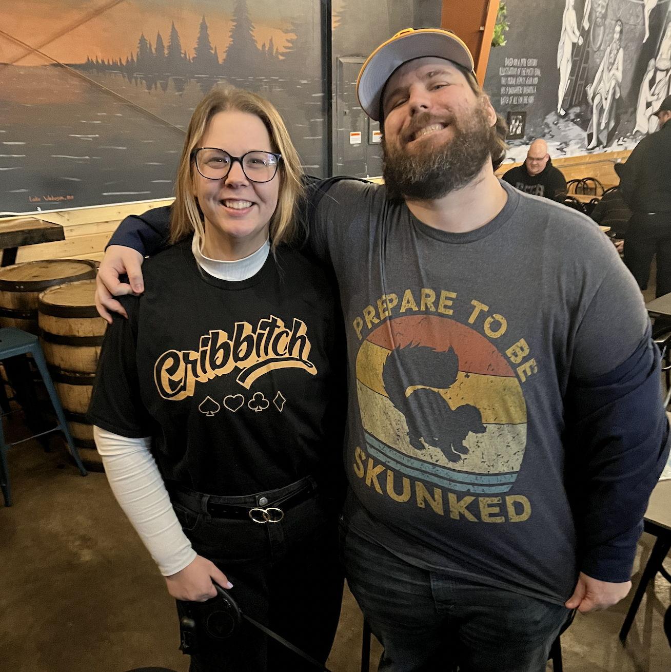 Cribbage shirts, naturally — what else would you expect from a couple who met playing cribbage?