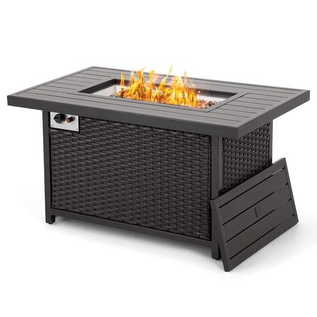 HAPPATIO Propane Fire Pit Table - 48 inch 50,000 BTU Aluminum Outdoor Patio Fire Pit,Wicker & Aluminum Rectangular Propane Gas Fire Pit, Clear Glass Rock and Tabletop Lid, Black PE Rattan(Brown)