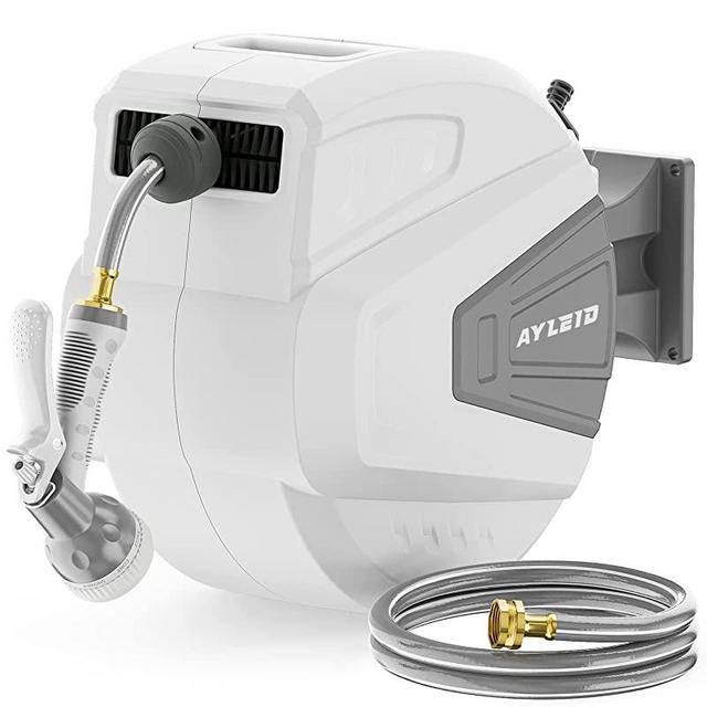 Ayleid Retractable Garden Hose Reel,3/5 in x 100 ft Wall Mounted Hose Reel, with 9- Function Sprayer Nozzle, Any Length Lock/Slow Return System/Wall Mounted/180°Swivel Bracket (Grey)