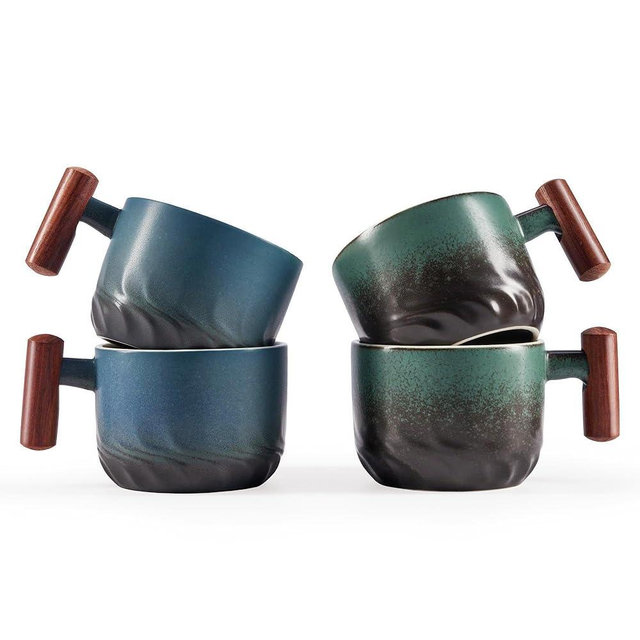 CLASGLAZ 6oz Ceramic Espresso Cups with Wooden Handle, Small Coffee Cups for Latte Cappuccino, Tea Cups Set of 4