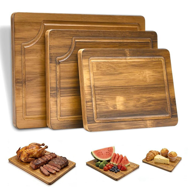 Aiwosana 3 Pack Bamboo Cutting Boards Set for Kitchen, Chopping Boards with Deep Juice Groove, Thick Wooden Cutting Board for Meat, Vegetables & BBQ Prep