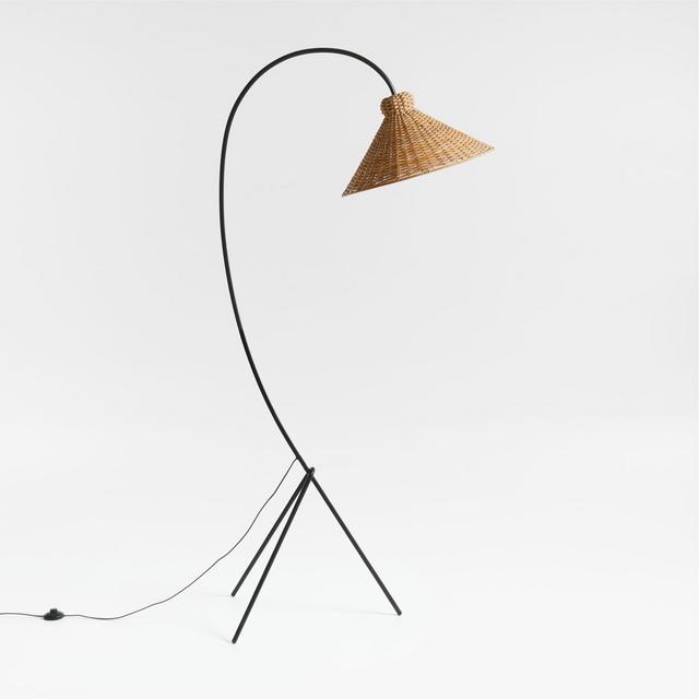 L'Union Black Metal Arc Floor Lamp with Rattan Shade by Athena Calderone