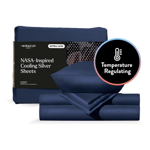 Miracle Made® Newly Improved Extra Luxe COOL IT™ True Grip ® Fitted Bed Sheets –Navy,King– 4 Piece Silver Infused, 300-Thread-Count Eucalyptus Fabric