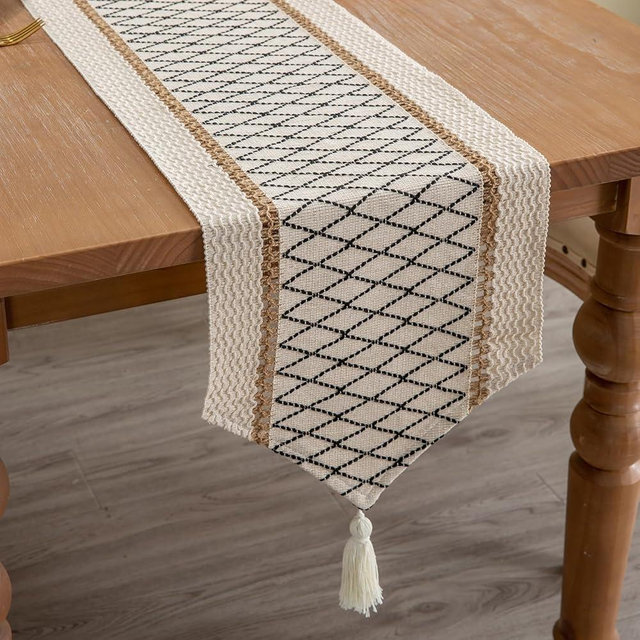 Mayler Yee Table Runner, Boho Style with Tassels, Cotton & Linen, Farmhouse Home Decor for Living Room Dresser Scarfs (12x90Inch, Black & Beige)