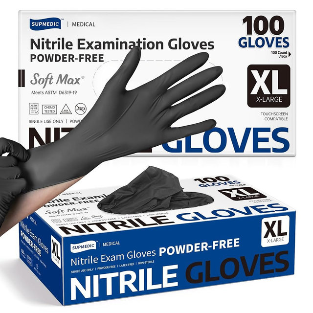 Supmedic Medical Soft Max™ Black Nitrile Disposable Gloves, 100 Pcs, Latex-Free & Powder-Free Food Safe Food Prep Exam Gloves