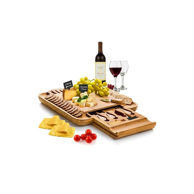 Bambusi Bamboo Cheese Board with Cutlery Set,, Includes 4 Stainless Steel Serving Utensils, 3 Labels & 2 Chalk Markers