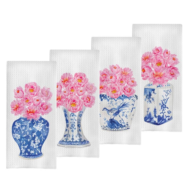 GCFET Chinoiserie Vase Dish Towels Set - Chinoiserie Waffle Weave Kitchen Towels, Chinoiserie Hand Towels, Chinoiserie Tea Towels, Blue and White Decor for Kitchen Bathroom (16×24 Inches Set of 4)