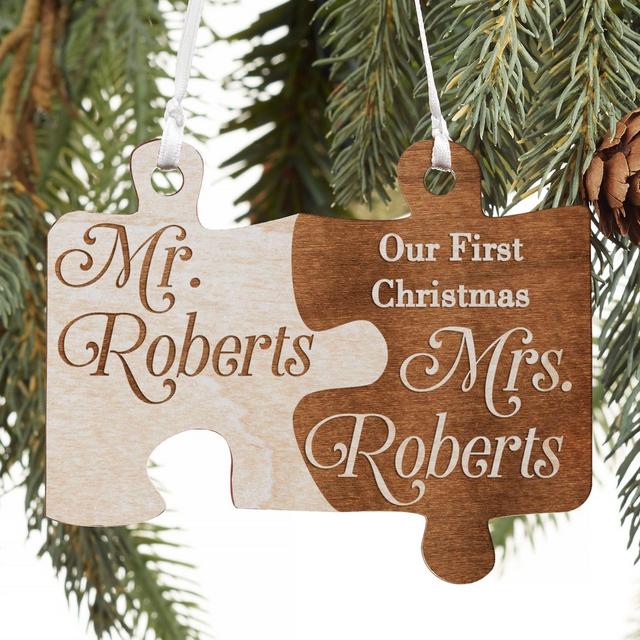 Mr. & Mrs. Personalized Wedding Wood Ornament in Whitewashed Stain