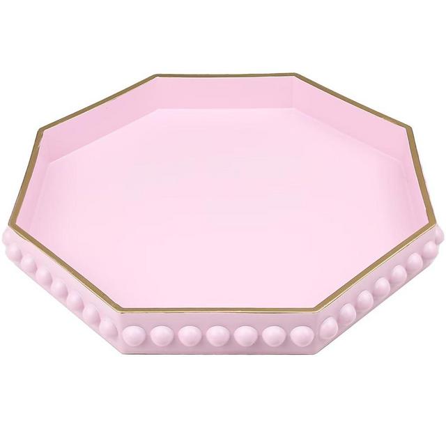 SforGUVA Pink Serving Tray for Coffee Table, Octagonal Beaded Plastic Decorative Tray for Ottoman, Kitchen Counter, Living Room, Outdoor Lacquer Tray for Entertaining