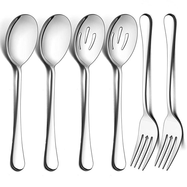 LIANYU 2 Large Serving Spoons, 2 Slotted Serving Spoons, 2 Serving Forks, 9.8 Inch Stainless Steel Buffet Catering Party Banquet Serving Spoons Forks Set, Mirror Finished, Dishwasher Safe