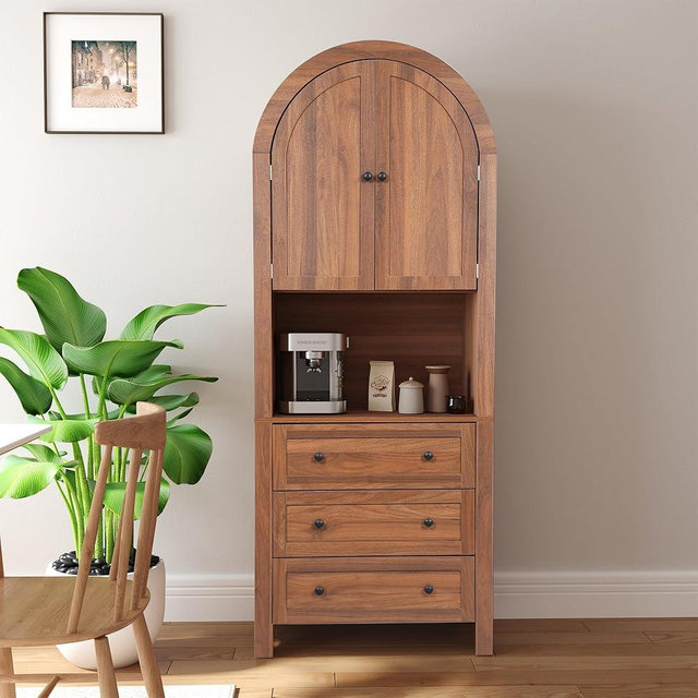 FurSch 71" Tall Arched Kitchen Pantry Cabinet with Microwave Shelf,Modern Farmhouse Hutch Cabinet with Drawers & Door,Arched Storage Sideboard Cabinets (Walnut, 13.78" D x 27.56" W x 70.87" H)