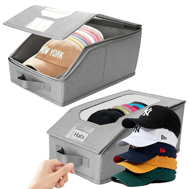 2 Pcs Stackable Baseball Cap Organizer, Washable Odorless Oxford Cloth with Smooth Durable Metal Zipper, Clear Window Holds 24 Caps, Hat Box for Closet/Home (Grey, Small 12.1 x 8.7 x 6.7 inches)