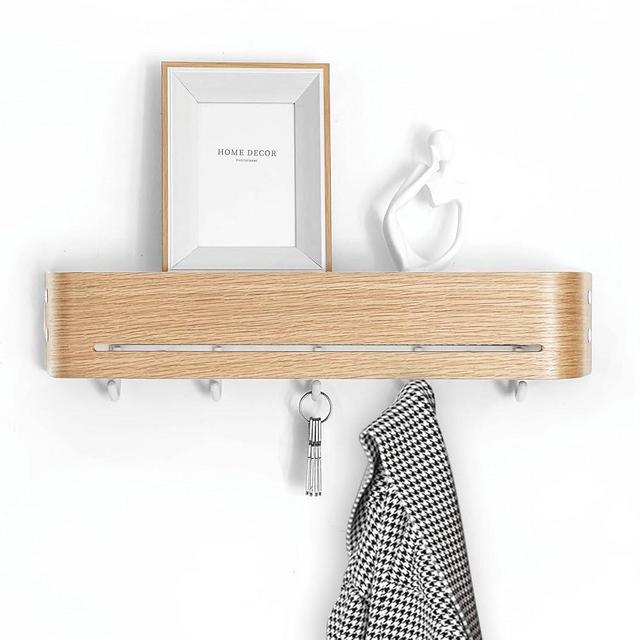 GEMAPOCO Modern Key Holder Wall Mount with 5 Retractable Hidden Hooks, Heavy Duty Coat Rack Wall Mount, Finland-Designed Entryway Organizer, 17 inch, for Entryway, Living Room, Kitchen, Hallway,Oak
