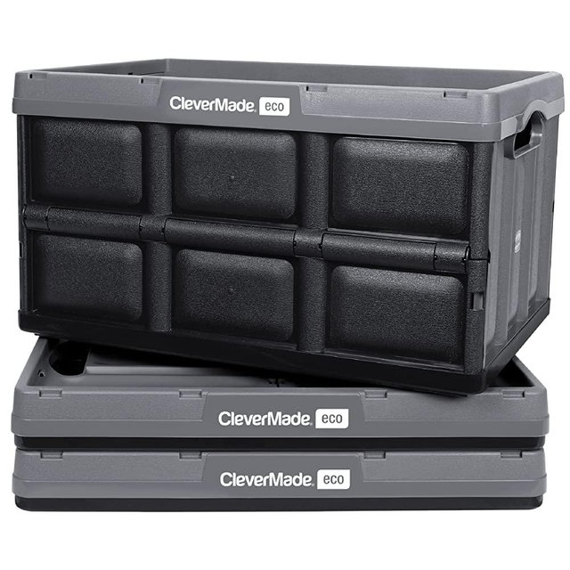 CleverMade Eco 62L Collapsible Storage Bins - Folding Plastic Stackable Utility Crates, Solid Wall, No Lid, 3 Pack, Stone
