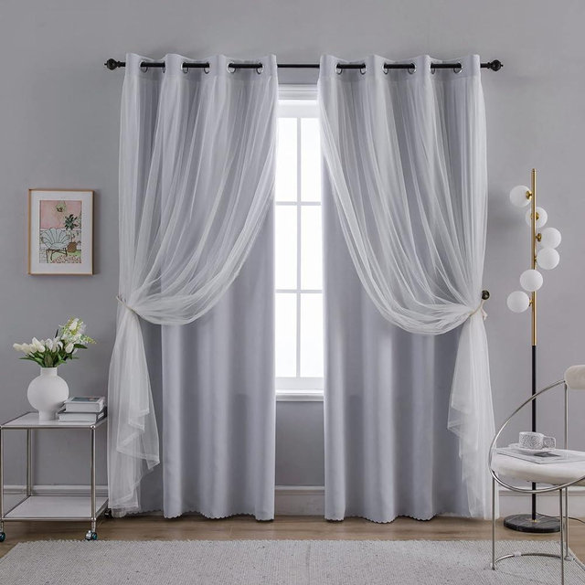 Anytime Home Curtains Blackout and Sheer Layered Solid Window Curtain Panel Pair with Grommet Top, 52Wx84L,Greyish White
