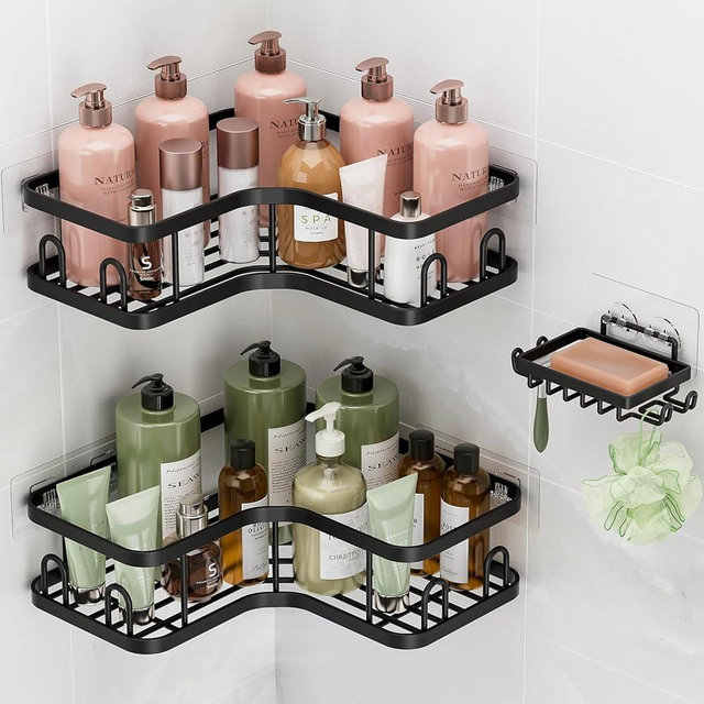 Veken Corner Adhesive Shower Caddy 3-Pack with Soap Holder&Hooks,No Drilling Shower Shelves,Rustproof & Waterproof Bathroom Organizers and Storage,Rack for Small Spaces, Kitchen&Rental-Friendly,Black