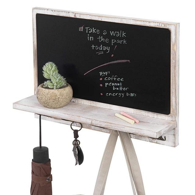 MyGift 16-inch Whitewashed Wood Wall Mounted Chalkboard with Shelf and 10 Metal Hooks