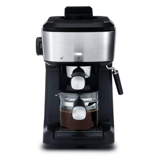 Gourmia 4-Shot Steam Espresso, Cappuccino, and Latte Maker with Frothing Wand: 1.5L Capacity, 1500W Electric