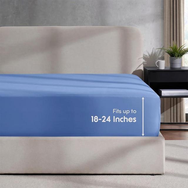 Nestl Calm Blue Extra Deep Pocket Fitted Sheet Queen, Hotel Luxury Queen Fitted Sheet Only Easily Fits 18 to 24 Inch Mattress, Super Soft, Wrinkle-free, and Breathable Bottom Sheets with Corner Straps