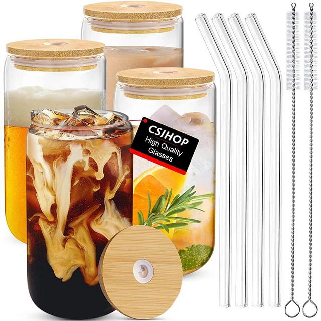 4pcs Set Drinking Glasses With Bamboo Lid And Glass Straw - 16oz Can Shaped Drinking Glass Set, Iced Coffee Mug, Cute Tumbler Cup, Whiskey, Cocktail, Water- Gift Best Choice - 2 Cleaning Brushes (1)