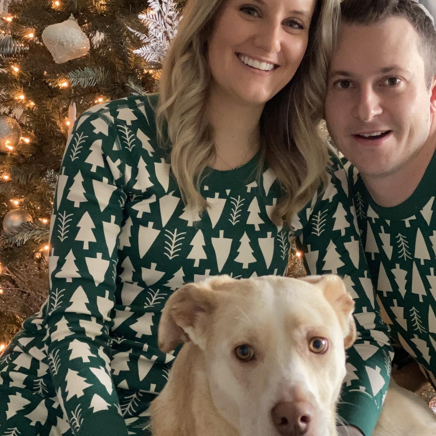 Our first annual family Christmas card with matching PJs (Bauer included)