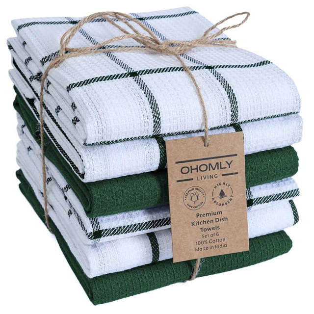 OHOMLY LIVING Assorted Waffle Kitchen Towels Set of 6-100% Cotton Dish Cloths Towels with Hanging Loop - Soft, Absorbent & Washable for Kitchen Use - Quick Drying Dish Towels 16x26 Inch Green
