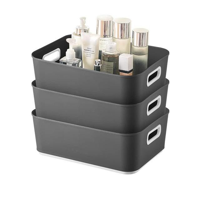 Plastic Storage Basket, Open Storage Bin with Handles - Organizer for Kitchen, Bedroom, Under Sink Bathroom Organizer, Toy Baskets, Food Storage Containers for Organizing - 3 Pcs ( Grey )