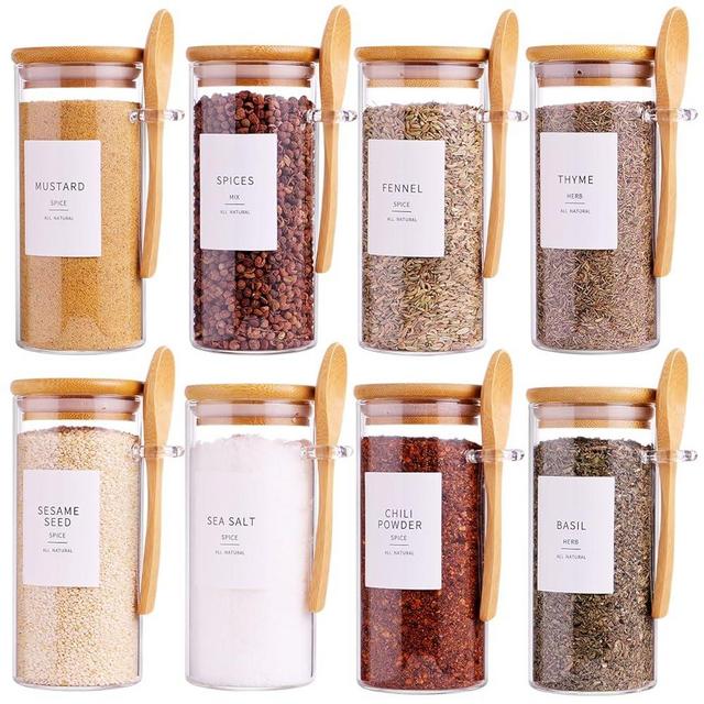 8 Pcs Glass Containers with Bamboo Lids and Spoons - 10 oz Sugar Container with 148 Kitchen Pantry Spice Jar Labels Preprinted - Glass Spice Jars with Wooden Lids Hold Coffee, Tea, Candy, Herbs