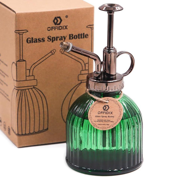 OFFIDIX Plant Mister Spray Bottle Glass Mister for Inside 6.3" Tall Vintage Style with Bronze Plastic Top Pump One Hand Watering Can for Indoor Potted Plants Terrariums Green