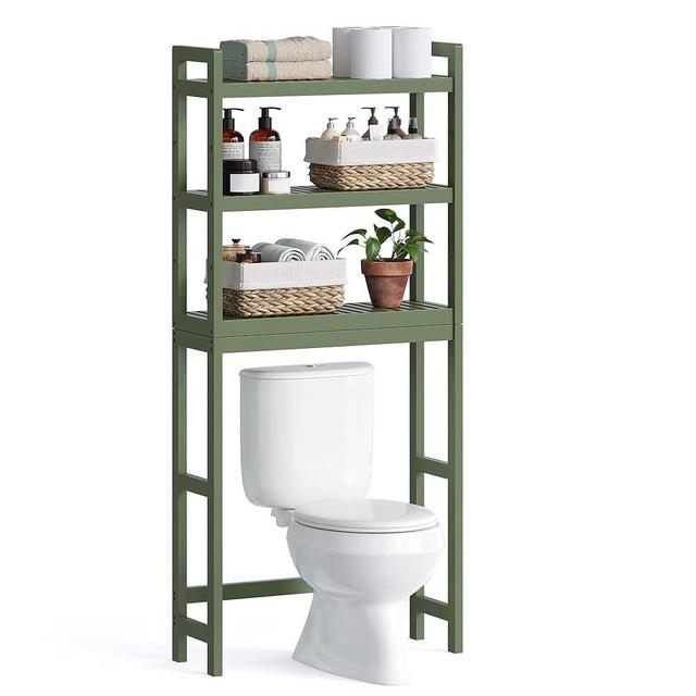 SONGMICS Over The Toilet Storage, 3-Tier Bamboo Over Toilet Bathroom Organizer with Adjustable Shelf, Fit Most Toilets, Space-Saving, Easy Assembly, Forest Green UBTS001C01