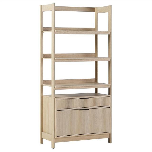 Walker Edison Modern Reeded 4-Shelf Bookshelf Bottom, 33 Inch, Two-Drawer Coastal Oak