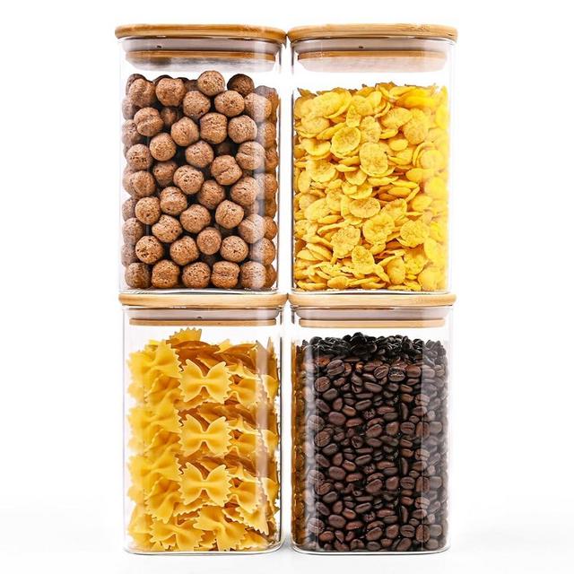 Glass Food Storage Jars Square 37oz, 4 Pack Glass Jars With Bamboo Lids, Kitchen Storage Containers For Spice, Candy, Cookie, Storage For Pantry Organizers