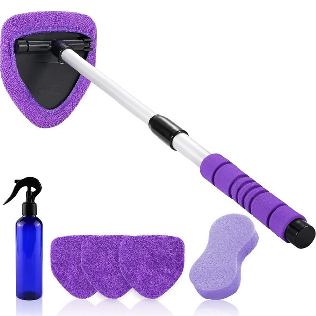 XINDELL Windshield Cleaner Tool – 24” Extendable Car Window Cleaner for Interior & Exterior Glass, Long Handle for Hard-to-Reach Areas, 4 Microfiber Pads & Spray Bottle, Car & Home Glass Kit