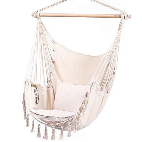 Y- STOP Hammock Chair Hanging Rope Swing-Max 330 Lbs-2 Cushions Included-Large Macrame Hanging Chair with Pocket- Quality Cotton Weave for Superior Comfort & Durability (Beige)