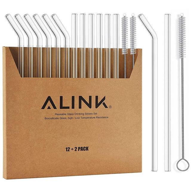 ALINK 12-Pack Glass Drinking Straws, 8.5" x 10mm Clear Reusable Smoothie Straws With 2 Cleaning Brush