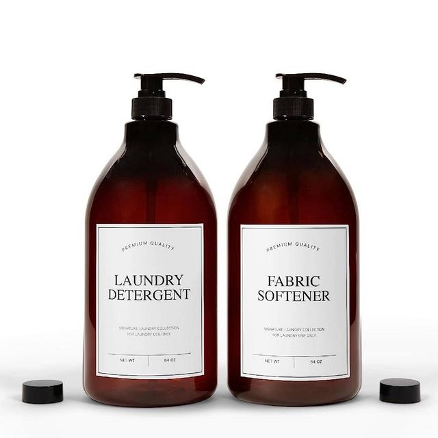 Calindiana Modern Farmhouse Liquid Laundry Detergent and Fabric Softener Dispenser for Laundry Room Decor and Organization, PET Plastic Landry Soap Containers with Water Resistant Labels Includes Pumps and Screw Caps, Collapsible Funnel, Amber 64oz