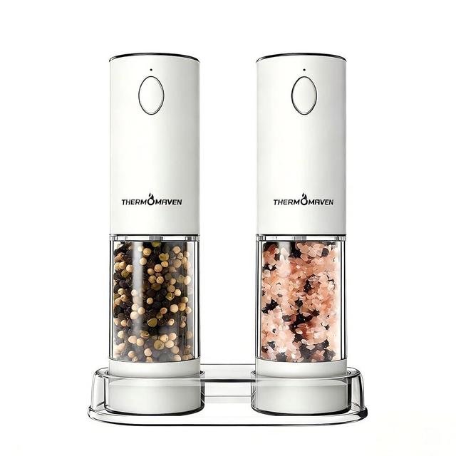 ThermoMaven Electric Salt and Pepper Grinder Set, 110ml Larger Rechargeable Automatic Salt and Pepper Mill Grinder with 6 Adjustable Coarseness, Electric Salt and Pepper Shakers, LED, Snow White