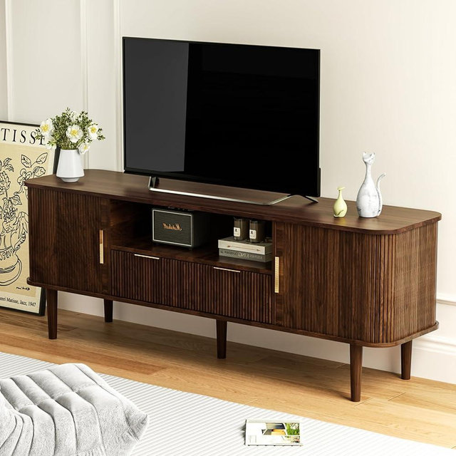 DAMCROP TV Stand 62.4 Inch Mid Century Modern Media Console Table with Drawer Shelves Sliding Tambour Door Farmhouse Sideboard Buffet Cabinet Fits TVs up to 75 inch Fluted Wood Entertainment Center