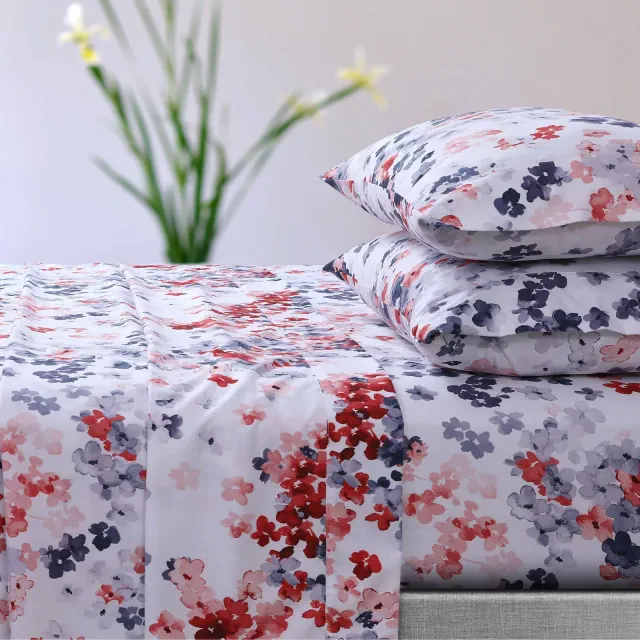 Azores Home Queen 110-GSM Microfiber Deep Pocket Sheet Set Juliette Printed Red: OEKO-TEX Certified, Floral Design