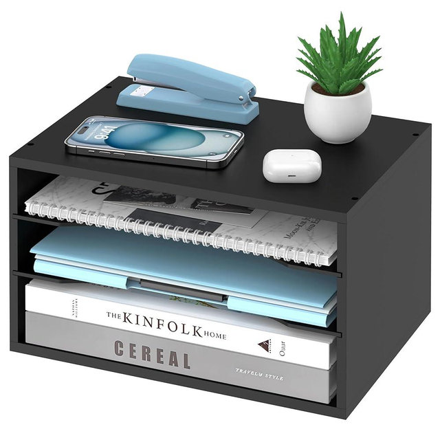 SHARKWOODS Wood Desk Organizer, 3 Tier Paper Tray Organizer for Desk with Adjustable Storage Shelves, Printer Stand Desktop File Organization Paper Sorter Mail Holder for Office Home Classroom, Black