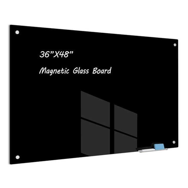 JYYPWB Magnetic Glass Whiteboard 48" x 36" Dry Erase Board Frameless Premium Tempered Galssboards Wall Mounted Glossy writeboard with Eraser, Marker Tray for Interactive Office, (Black)