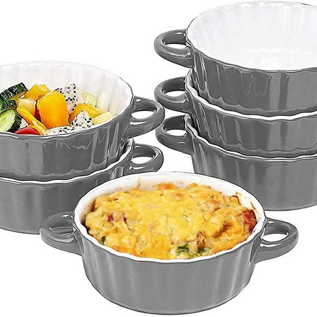 Bake And Serve - 10 Oz Oven Safe Set Of 6 Ceramic Souffle Dishes, Round Mini Quiche Pan, Tart Pan - Ramekins-Baking Mini Pie Dish w/Handles For Pudding, Creme Brulee, Souffle, Grey