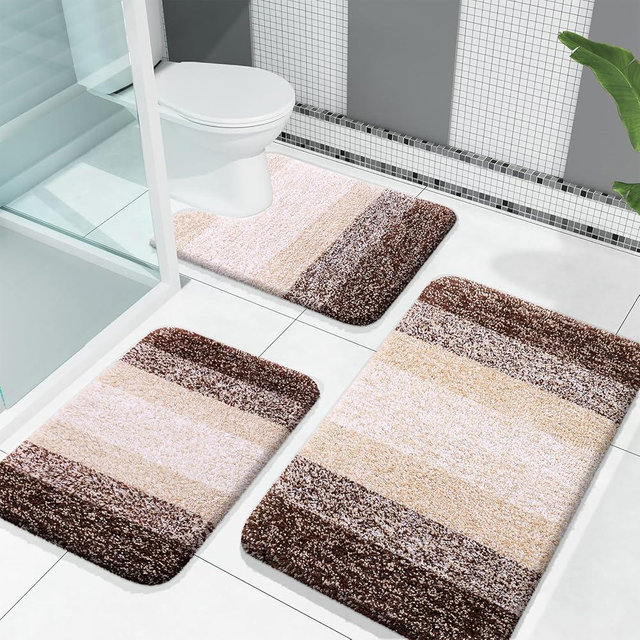 OLANLY Bathroom Rugs Sets 3 Piece, Soft Absorbent Microfiber Bath Rugs and U-Shaped Contour Toilet Rug Area Rug Set, Non-Slip Bath Carpet, Home Decor Accessories, Bath Mat Set for Bathroom, Brown