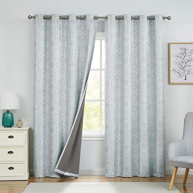 Muse Dream 100% Blackout Light Teal Curtain for Living Room 84 inchs Long Medallion Patterned European Elegant Bedroom Window Curtains Sun Blocking Thermal Insulated Duck Egg Blue,52" Wx84 L,Set of 2