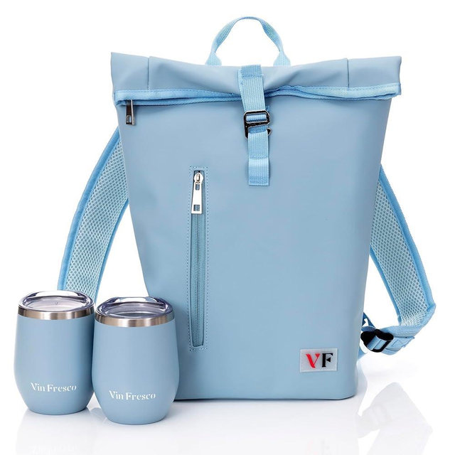 Two Bottle Rolltop Wine Tote Bag – Stylish PU Leather Wine Backpack with Matching Tumblers – Compact & Lightweight Wine Carrier with Padded Straps & Compartments for Travel & Picnics – Light Blue