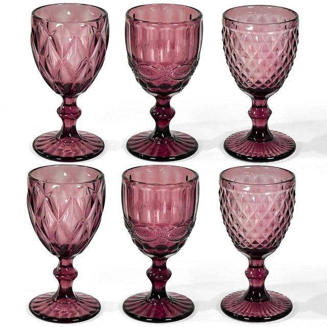 CHLJAR Vintage Wine Glasses Set of 6, 12 OZ Colored Glass Water Goblets, Embossed Floral Decorative Crystal Glass Cups Set, Dishwasher Safe, for Wedding, Party, Red Wine Glass, Bars, Restaurants
