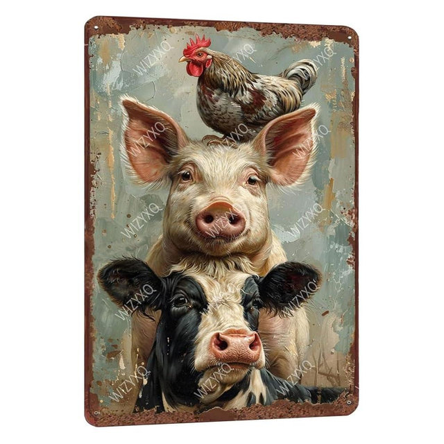 WIZYXQ Metal Signs A Pig Cow Chicken Vintage Tin Sign for Home Office Kitchen Bar Cafe Garden Farmhouse Chicken Coop Wall Decor 12x8 Inch
