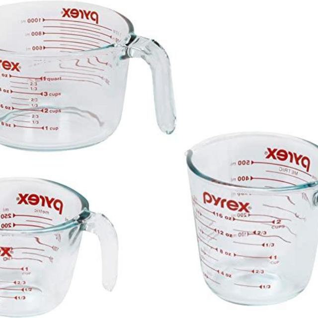 Pyrex 3 Piece Glass Measuring Cup Set, Includes 1-Cup, 2-Cup, and 4-Cup Tempered Glass Liquid Measuring Cups, Dishwasher, Freezer, Microwave, and Preheated Oven Safe, Essential Kitchen Tools