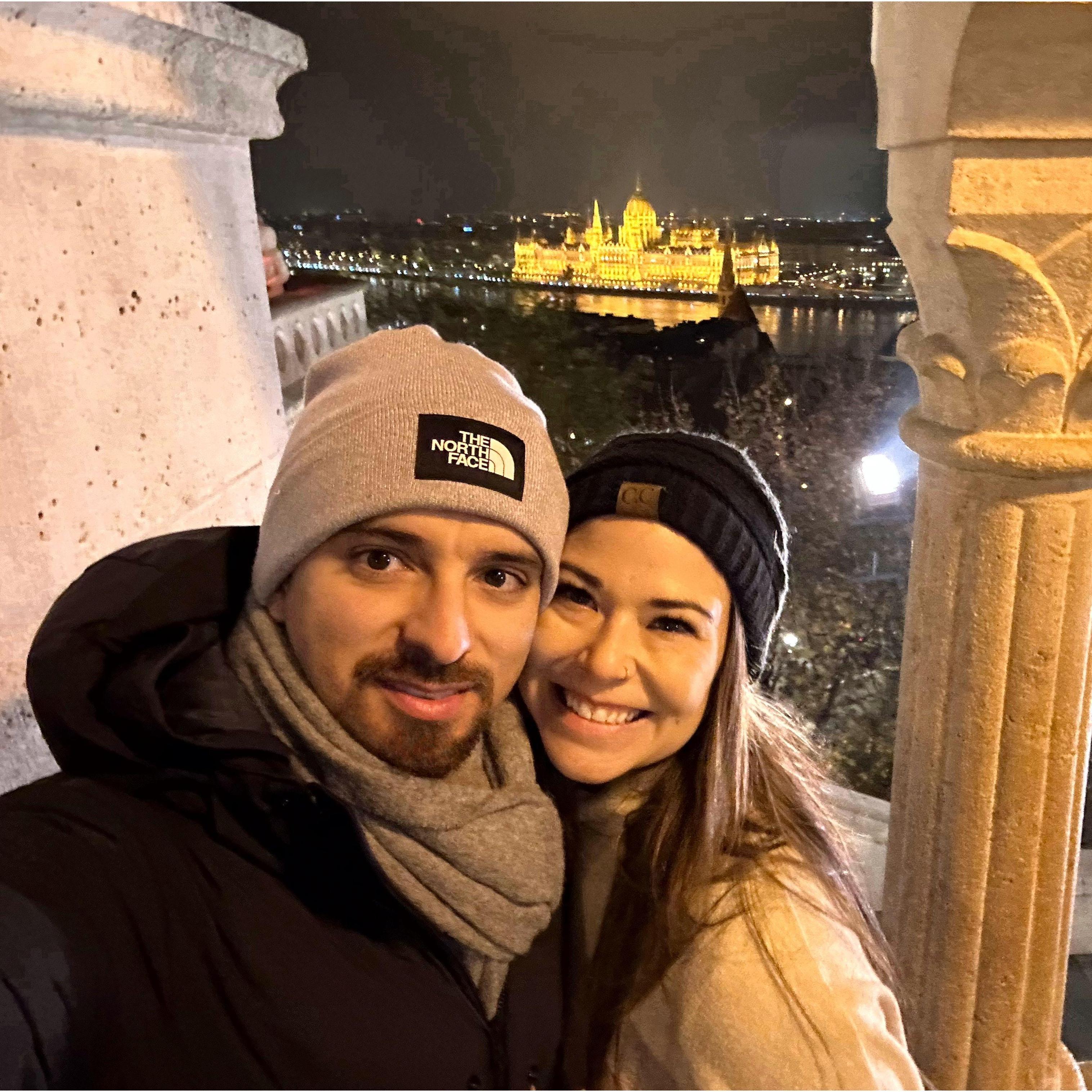 Fisherman’s Bastion in Budapest with the Parliament Building behind us.