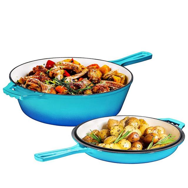 Enameled 2-In-1 Cast Iron Multi-Cooker – Heavy Duty Skillet and Lid Set, Versatile Non-Stick Kitchen Cookware, Use As Dutch Oven Or Frying Pan, 3 Quart, Caribbean